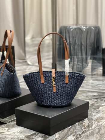 YSL Panier Large Blue Tote Bag In Raffia With Brown Handle 42×20×22cm