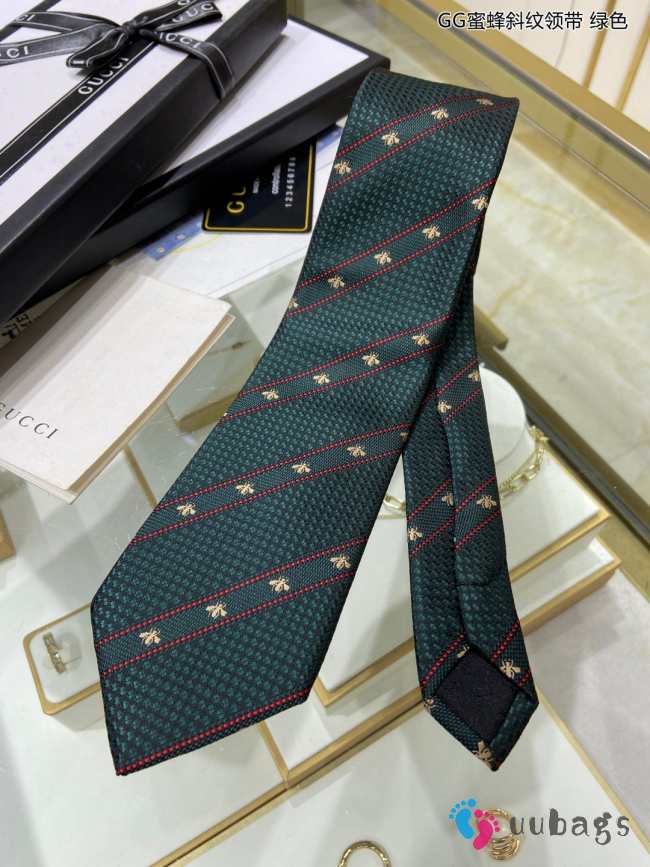 Gucci Bee Web Striped Silk Wool Tie In Green - 1