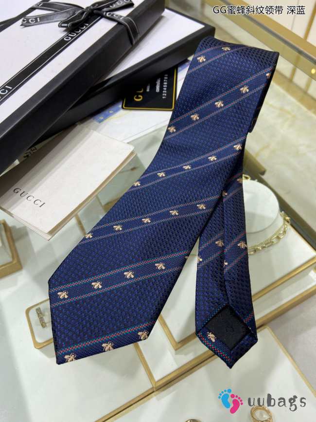 Gucci Bee Web Striped Silk Wool Tie In Navy Blue - 1