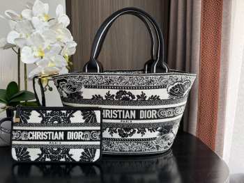 Dior Hat Basket Bag  White and Black Butterfly Bandana Embroidery 35x20.5x11cm