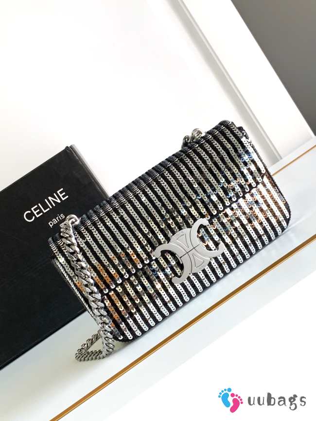 Celine Chain Bag Claude In Satin With Striped Sequins Silver 20.5x11.5x4cm - 1