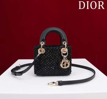 Dior Lady micro embroidered honey beads bag in black 12x10.2x5cm