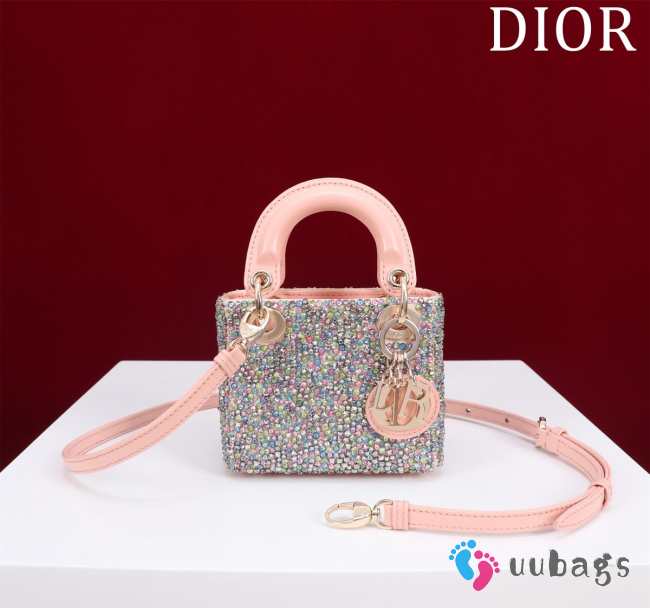 Dior Pink Calfskin Embroidered with Multicolor Strass Bag 12x10.2x5cm - 1