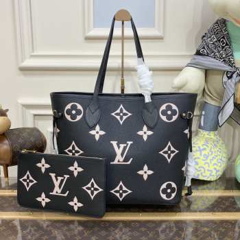 Louis Vuitton M58907 Neverfull MM Bag In Black/ Beige 31x28x14cm