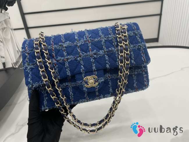 Uubags | Chanel classic blue tweed quilted flap bag 25cm - 1