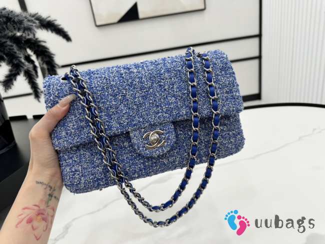 Uubags | Chanel Mini bag flap bag blue wool tweed calfskin silver tone metal 25cm - 1