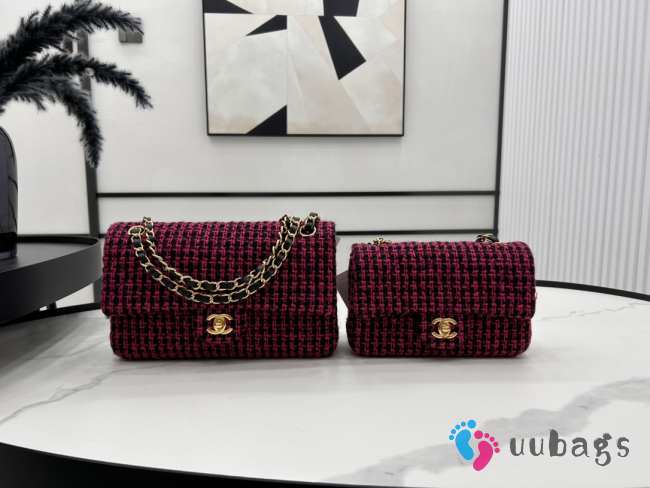 Uubags | Chanel Mini bag flap bag black/pink wool tweed calfskin gold tone metal 25cm - 1