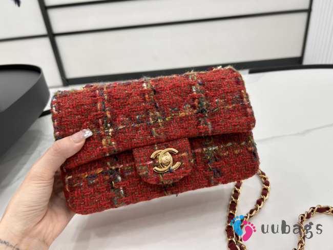 Uubags | Chanel Mini bag flap bag red wool tweed calfskin gold tone metal 25cm - 1