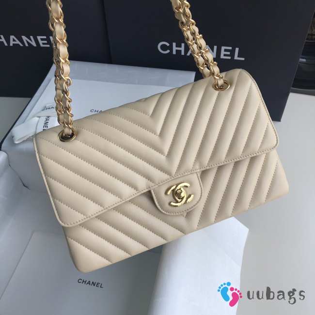 Uubags | Chanel 21S Beige Lambskin Leather Chevron Classic Flap with Champagne Gold Hardware - 1