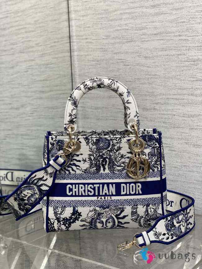 Uubags | Dior Lady D-lite Bag White and Navy Blue Toile de Jouy Soleil Embroidery - 1