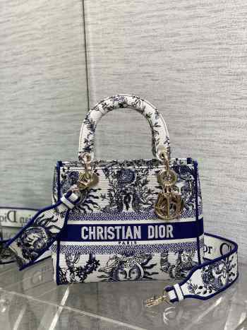 Uubags | Dior Lady D-lite Bag White and Navy Blue Toile de Jouy Soleil Embroidery