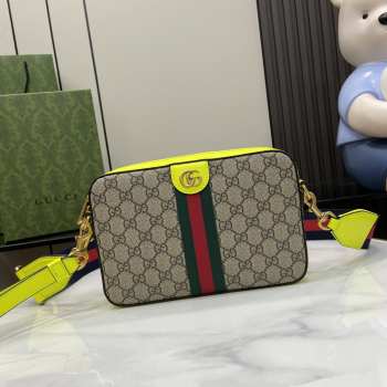 Uubags | Gucci Ophidia beige and ebony GG Supreme canvas bag in bright green leather 23.5x16x4.5cm