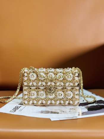 Uubags | Chanel Evening Bag Lambskin Beige Pearl Handbag 17cm