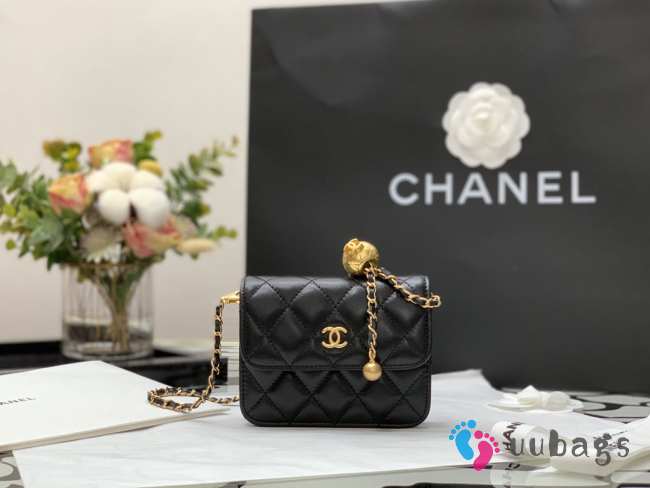 Uubags | Chanel Pearl Crush Mini Wallet With Chain Black Lambskin Aged Gold Hardware 12x9x3cm - 1