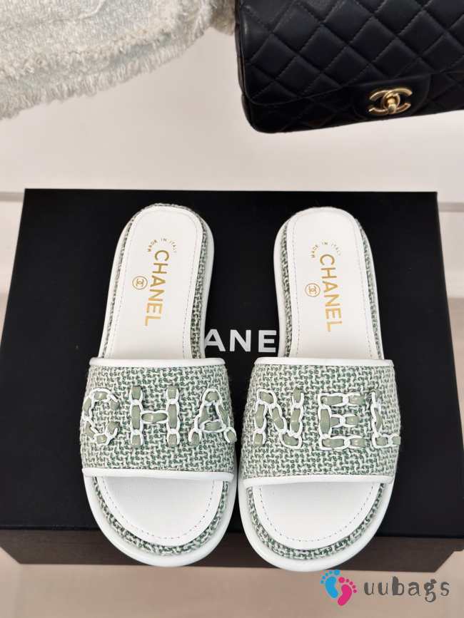 Uubags | Chanel Tweed Chain Logo Lettering Mule Slippers In Green - 1