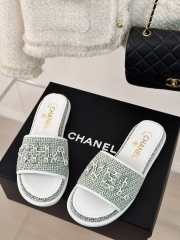 Uubags | Chanel Tweed Chain Logo Lettering Mule Slippers In Green - 3