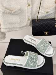 Uubags | Chanel Tweed Chain Logo Lettering Mule Slippers In Green - 4