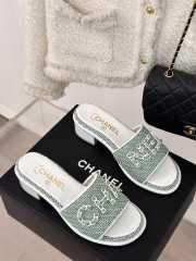 Uubags | Chanel Tweed Chain Logo Lettering Mule Slippers In Green 4.5cm - 1