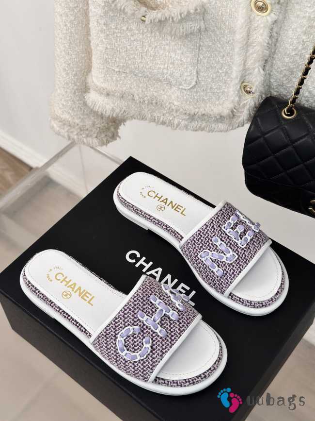 Uubags | Chanel Tweed Chain Logo Lettering Mule Slippers In Purple - 1