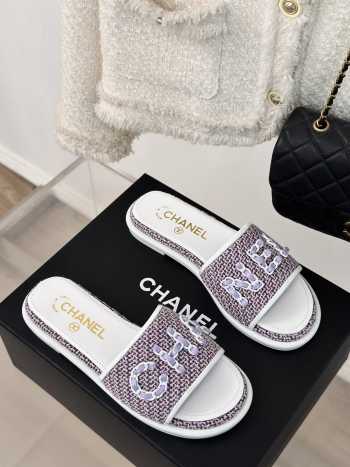 Uubags | Chanel Tweed Chain Logo Lettering Mule Slippers In Purple