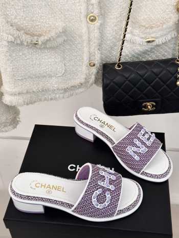 Uubags | Chanel Tweed Chain Logo Lettering Mule Slippers In Purple 4.5cm