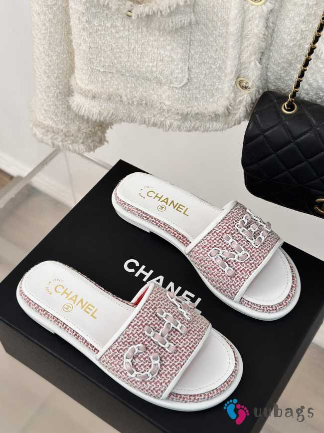 Uubags | Chanel Tweed Chain Logo Lettering Mule Slippers In Pink - 1