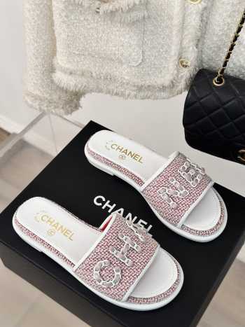 Uubags | Chanel Tweed Chain Logo Lettering Mule Slippers In Pink