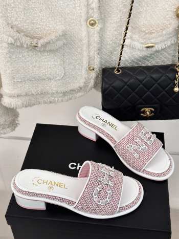 Uubags | Chanel Tweed Chain Logo Lettering Mule Slippers In Pink 4.5cm