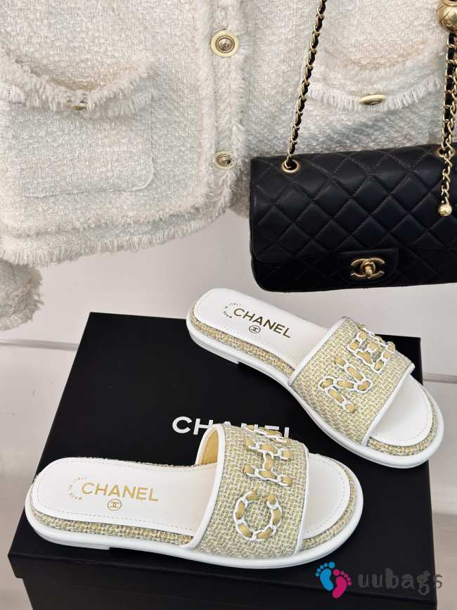 Uubags | Chanel Tweed Chain Logo Lettering Mule Slippers In Yellow - 1