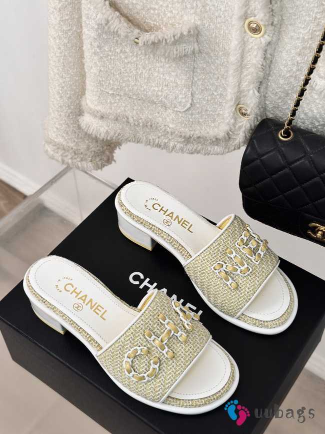 Uubags | Chanel Tweed Chain Logo Lettering Mule Slippers In Yellow 4.5cm - 1