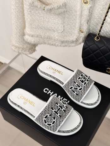 Uubags | Chanel Tweed Chain Logo Lettering Mule Slippers In Black