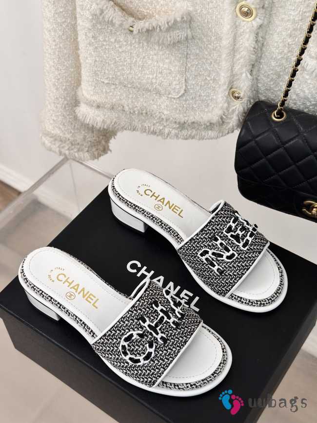 Uubags | Chanel Tweed Chain Logo Lettering Mule Slippers In Black 4.5cm - 1