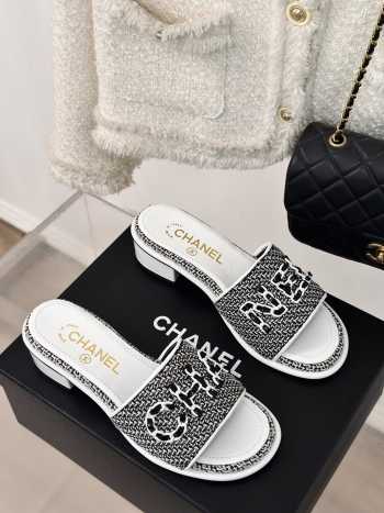 Uubags | Chanel Tweed Chain Logo Lettering Mule Slippers In Black 4.5cm