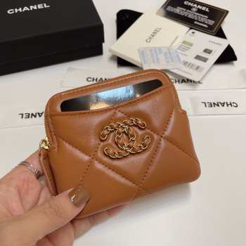 Uubags | Chanel 19 Coin Purse With Zipper Brown 9.5x10.5x2.5cm