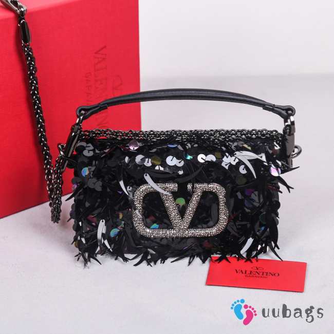 Uubags | Valentino Locò VLogo Sequin 3D Embroidered Handbag In Black 19x10.5x5cm - 1