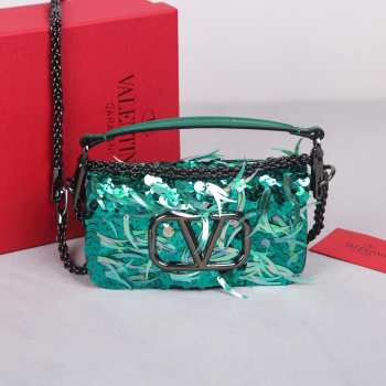 Uubags | Valentino Locò VLogo Sequin 3D Embroidered Handbag In Green 19x10.5x5cm