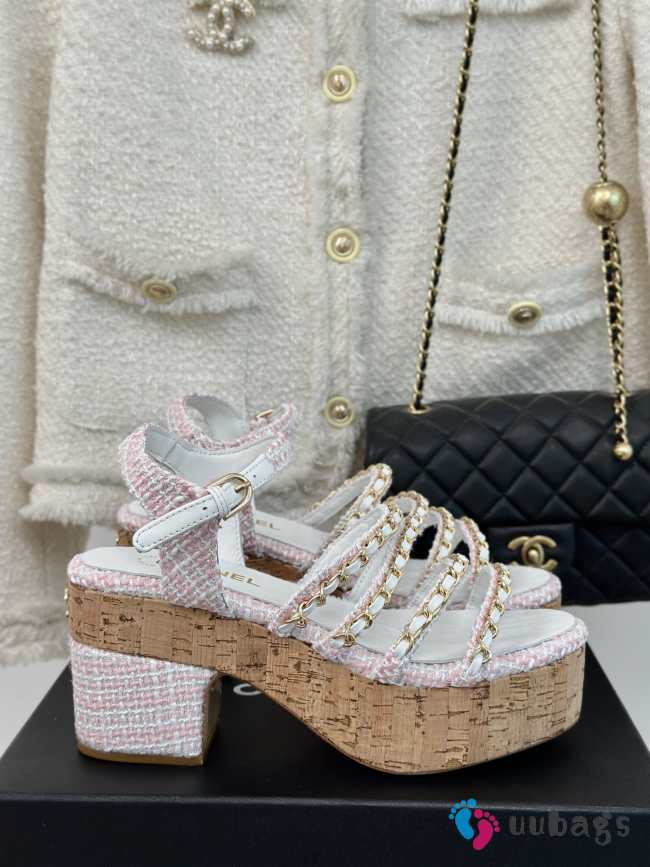 Uubags | Chanel Tweed Coral Pink Platform Sandals - 1