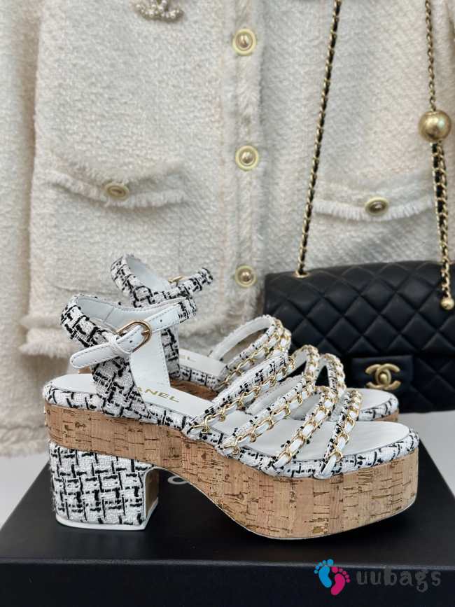 Uubags | Chanel Tweed Coral White Platform Sandals - 1