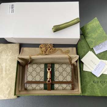 Uubags | Gucci Jackie 1961 chain wallet beige and ebony GG Supreme canvas 19x10x3.5cm