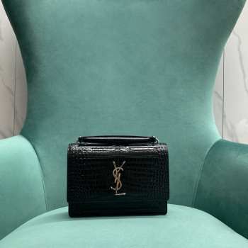 Uubags | YSL Sunset Chain Wallet In Crocodile-embossed Shiny Leather With Silver Buckle 19x5.5x14cm