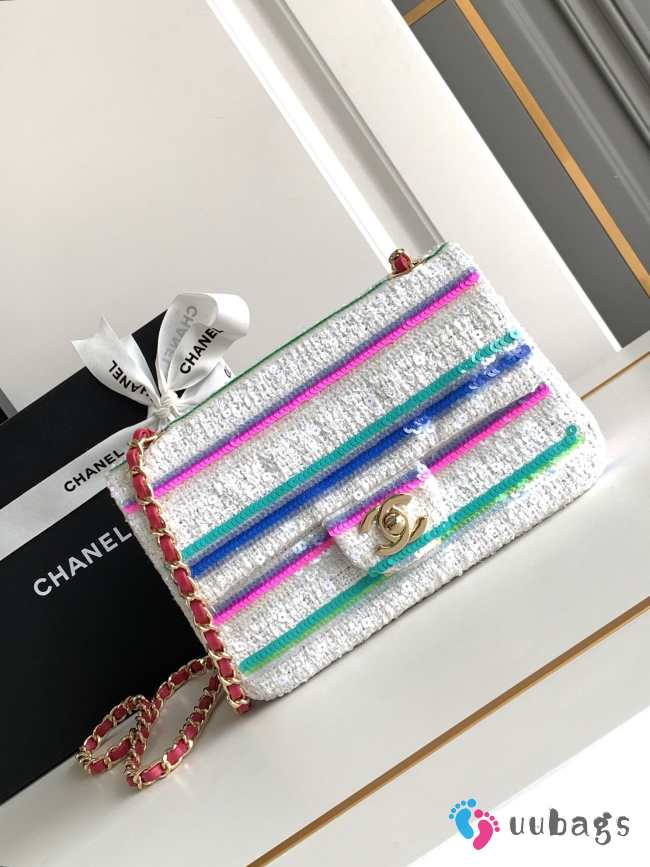 Uubags | Chanel Mini Classic Bag Embroidered Tweed, Sequins & Gold-Tone Metal White, Pink, Green & Blue 12x20x6cm - 1