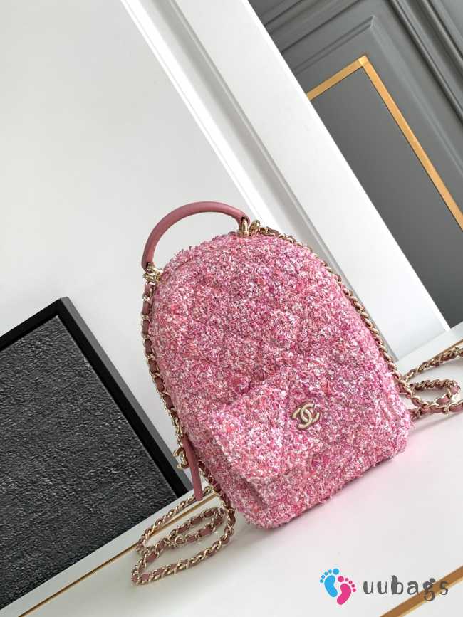 Uubags | Chanel Mini Backpack Pink Tweed With Gold Hardware 13x18x9cm - 1