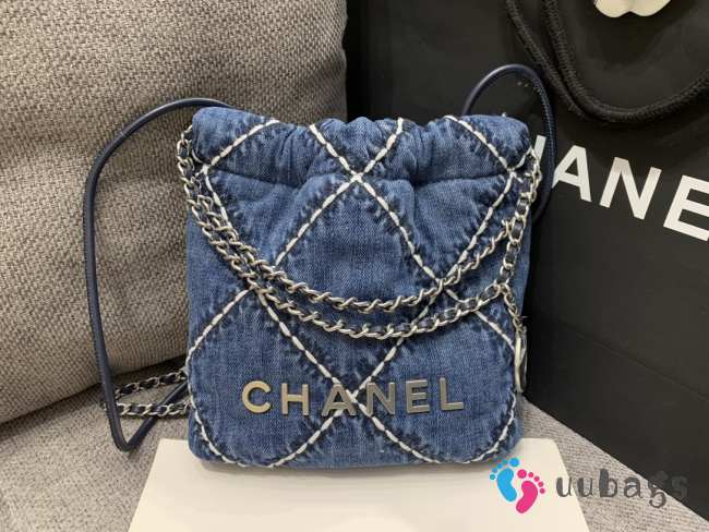 Uubags | Chanel 22 Small Bag Quilted Denim & Silver Metallic Blue 20cm - 1