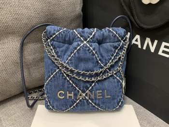 Uubags | Chanel 22 Small Bag Quilted Denim & Silver Metallic Blue 20cm