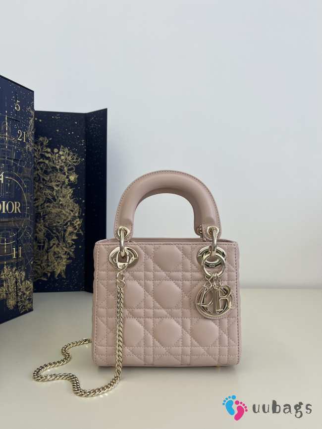 Uubags | Dior lady micro lambskin pink bag wIth light gold buckle 17x7x15cm - 1