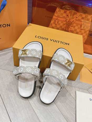 Uubags | Louis Vuitton 1AAW8H Bom Dia Flat Comfort Grey Mules With Denim Straps