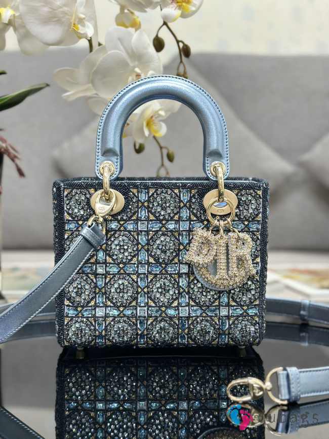 Uubags | Dior lady bag metallic calfskin and satin with celestial blue bead embroidery in navy blue 20x16.5x8cm - 1