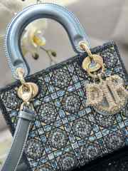 Uubags | Dior lady bag metallic calfskin and satin with celestial blue bead embroidery in navy blue 20x16.5x8cm - 3