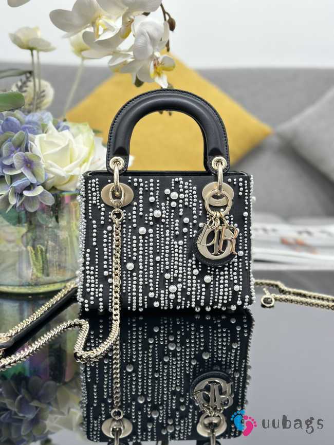 Uubags | Mini Lady Dior Bag  Black Satin Embroidered with White Resin Pearls 17x15x7cm - 1