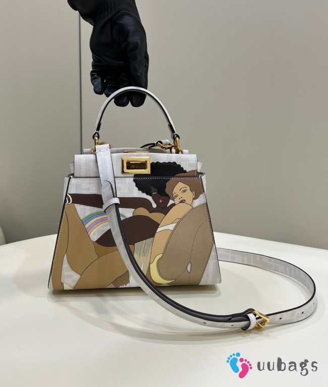 Uubags | Fendi Peekaboo Iconic Mini FF white Glazed Fabric Bag with Inlay 26x9.5x18cm - 1